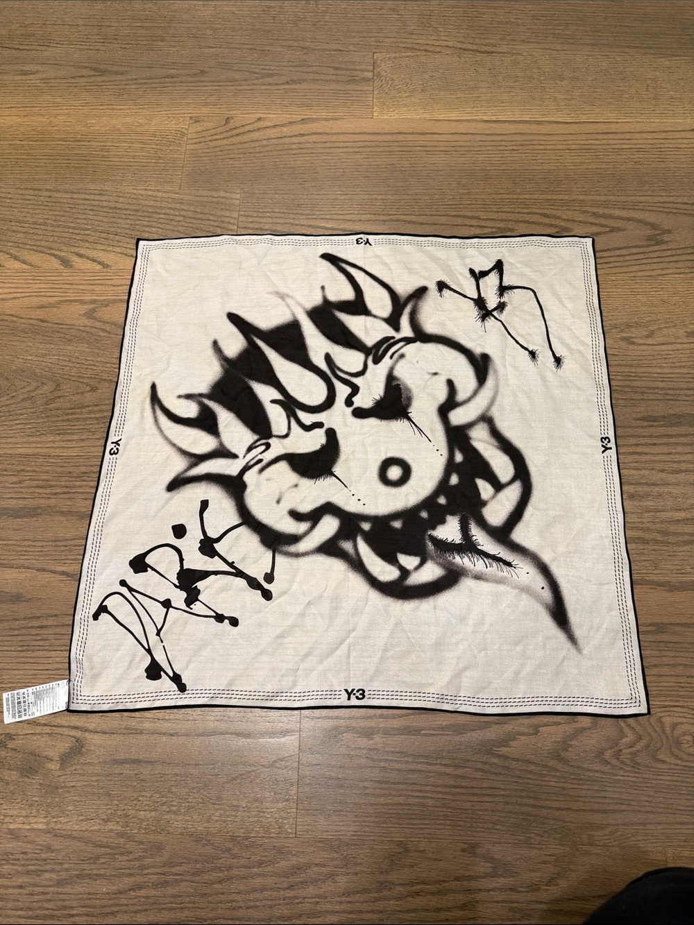 Unisex Y-3 White Bandana Scarf with Black Graffiti Motif